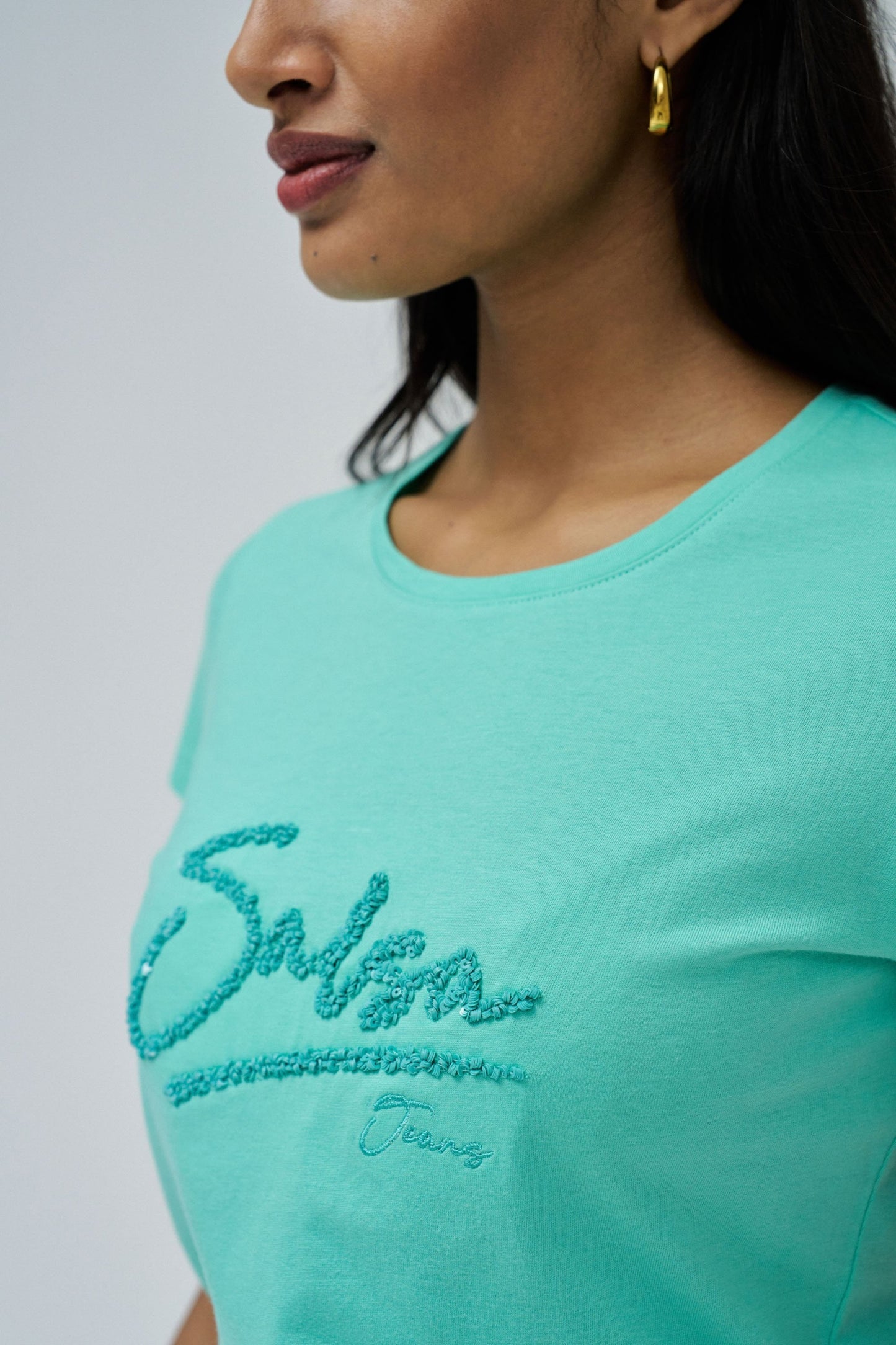 Logo T-Shirt with Beaded Detail, Mint Green