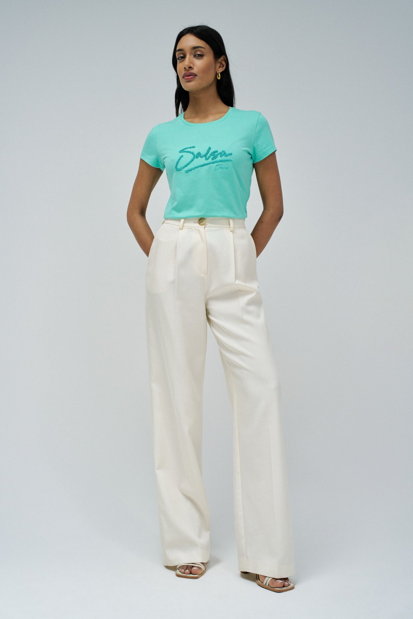 Logo T-Shirt with Beaded Detail, Mint Green