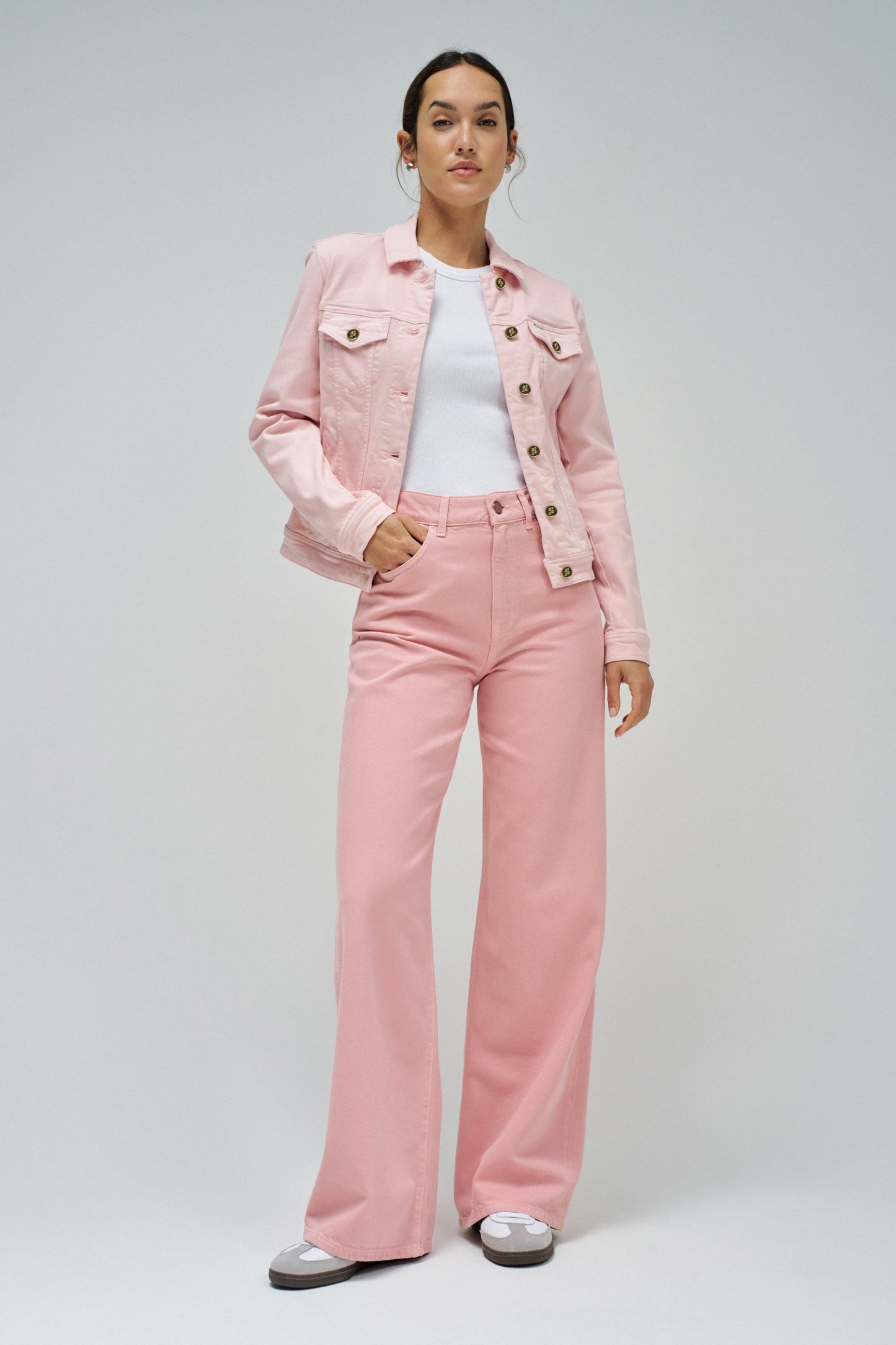 Denim Jacket with Gold Buttons, Light Pink
