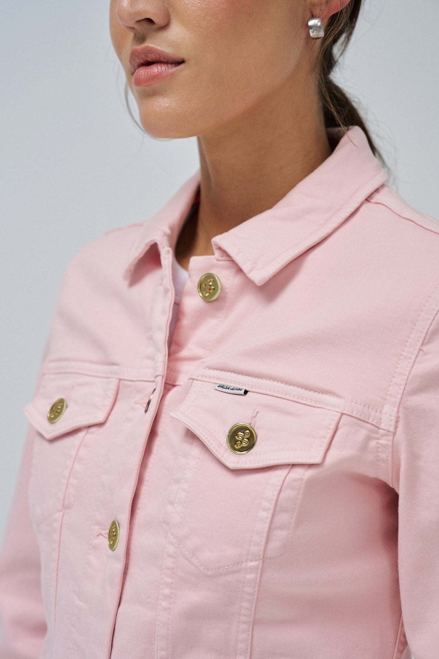 Denim Jacket with Gold Buttons, Light Pink