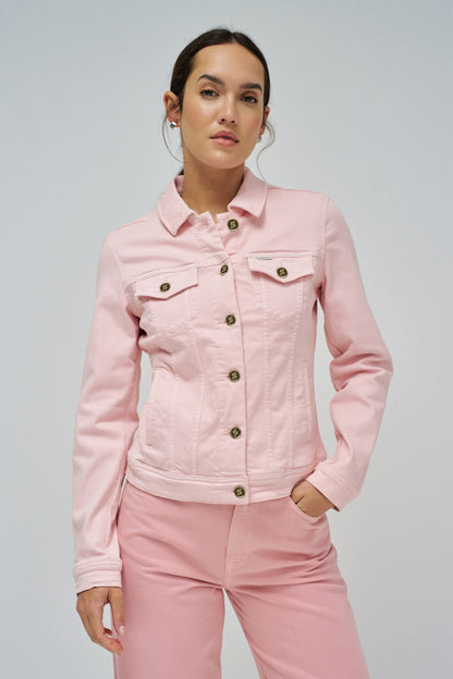 Denim Jacket with Gold Buttons, Light Pink