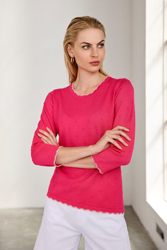 Textured Viscose Knit Top with Scalloped Edges