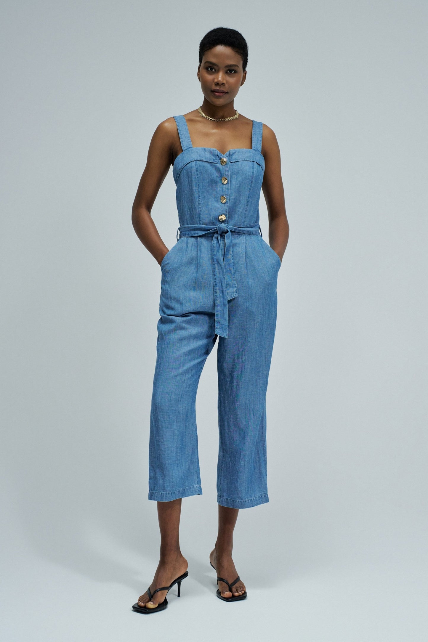 Salsa Jeans Denim Sleeveless Button Front Jumpsuit