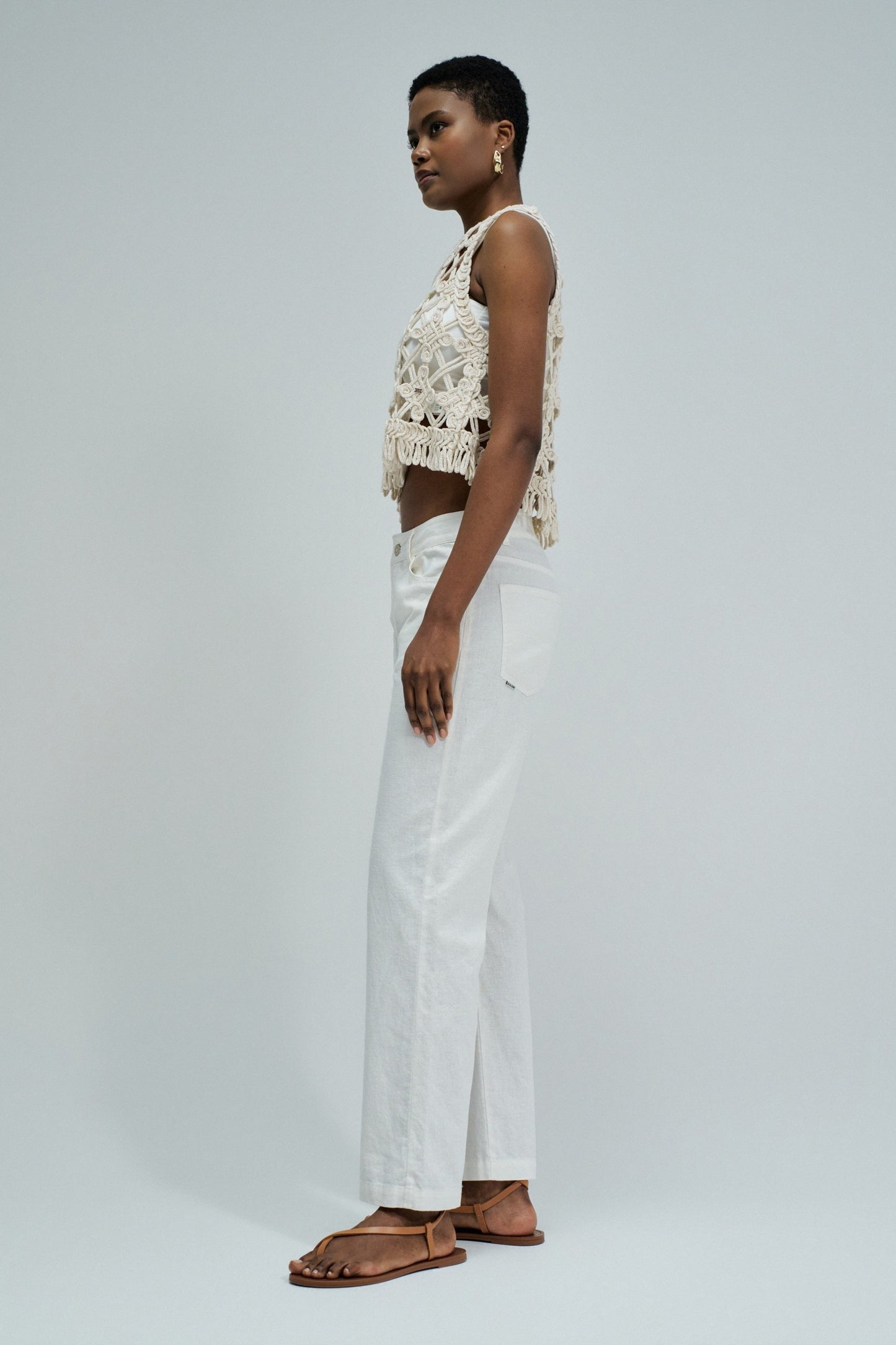 White Straight Leg Linen Blend Trousers