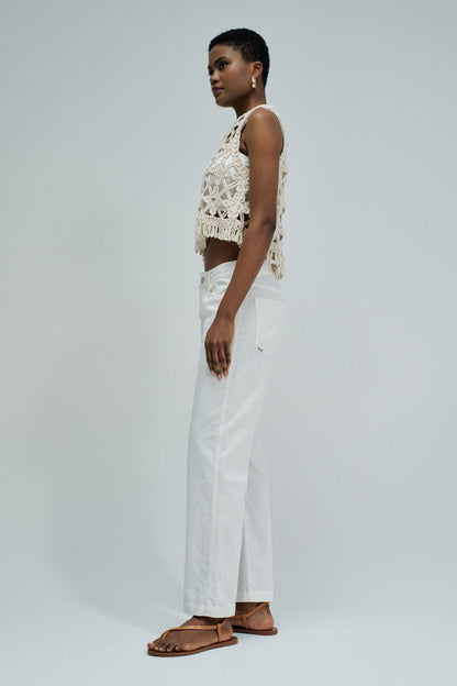 White Straight Leg Linen Blend Trousers
