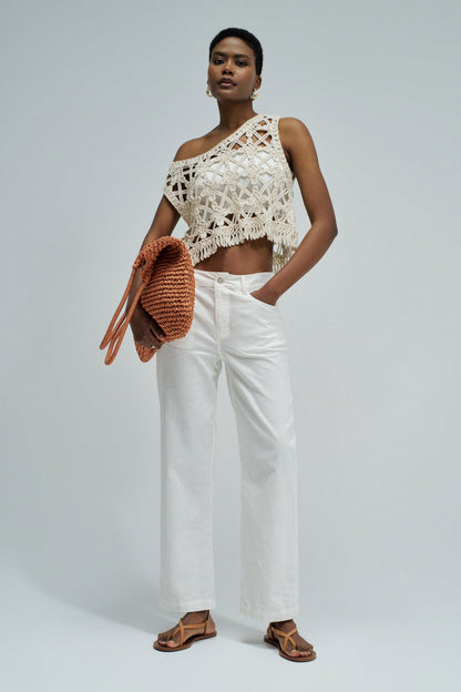 White Straight Leg Linen Blend Trousers