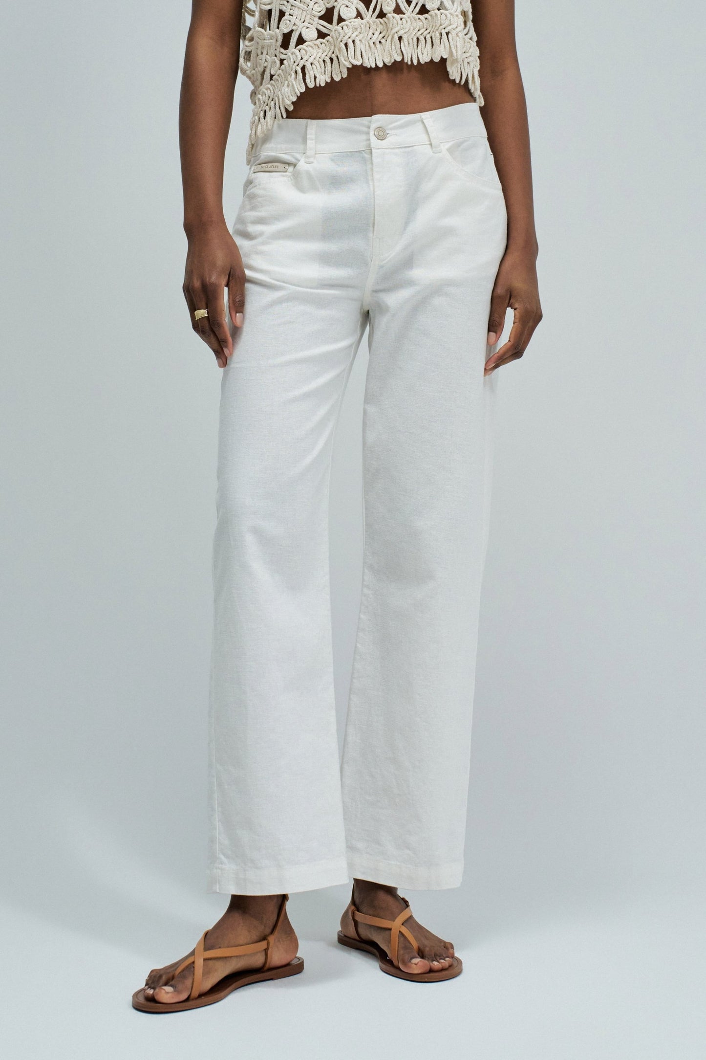 White Straight Leg Linen Blend Trousers