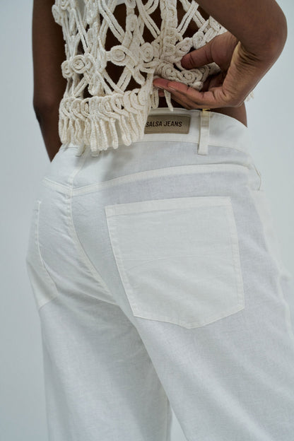 White Straight Leg Linen Blend Trousers