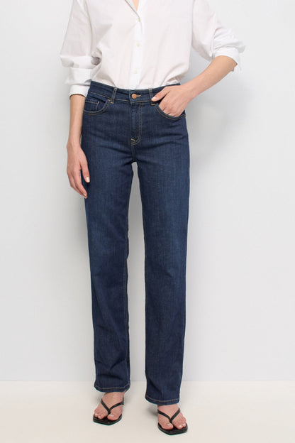 True High Waist Straight Leg Jeans, Dark Blue