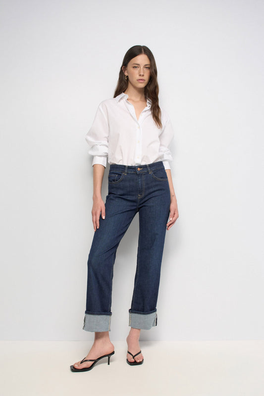 True High Waist Straight Leg Jeans, Dark Blue
