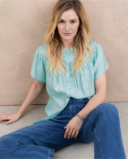 Eyelet Embroidered Blouse in Aqua Green