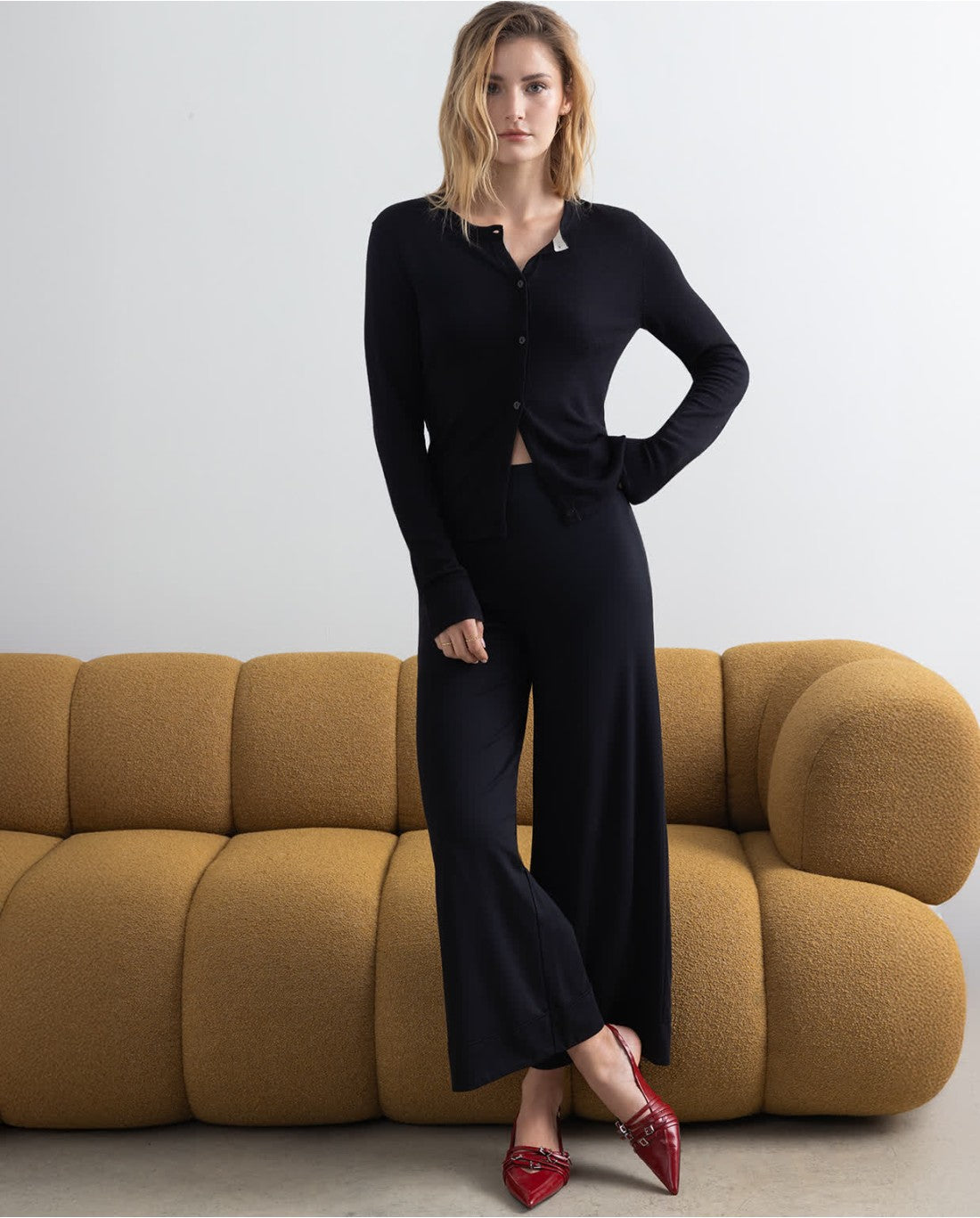 Plain Long-Sleeved Knit Cardigan, Black
