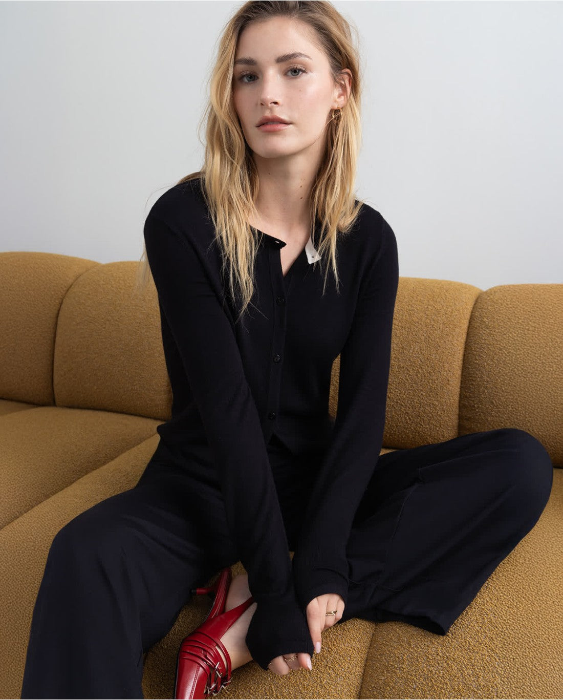 Plain Long-Sleeved Knit Cardigan, Black
