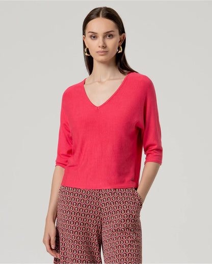 Batwing V-Neck Fine Knit Top, Pink