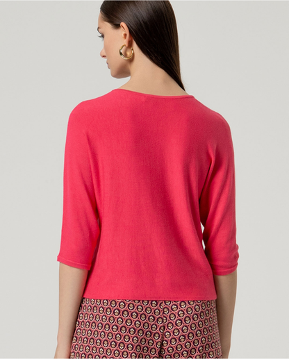 Batwing V-Neck Fine Knit Top, Pink