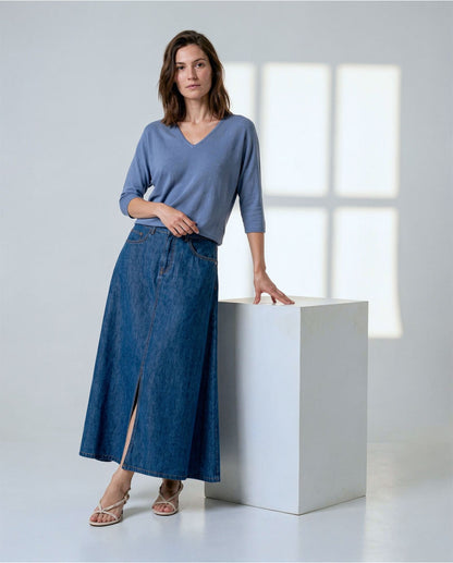 Batwing V-Neck Fine Knit Top, Blue