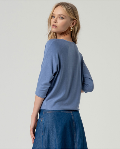 Batwing V-Neck Fine Knit Top, Blue