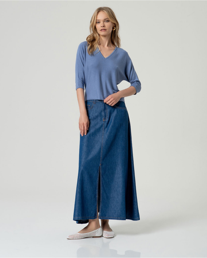 Batwing V-Neck Fine Knit Top, Blue