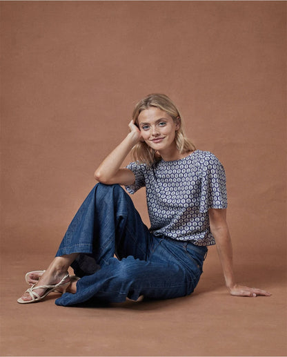 Printed Boat Neck Top, Blue