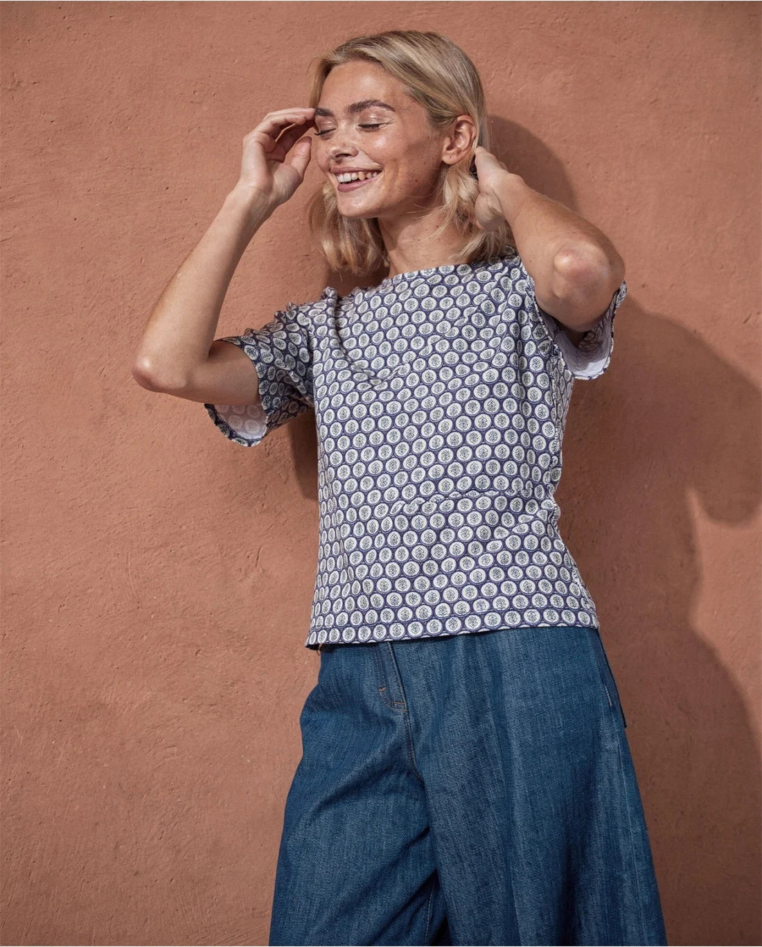 Printed Boat Neck Top, Blue