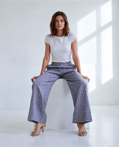 Tile Print Wide Leg Trousers, Blue