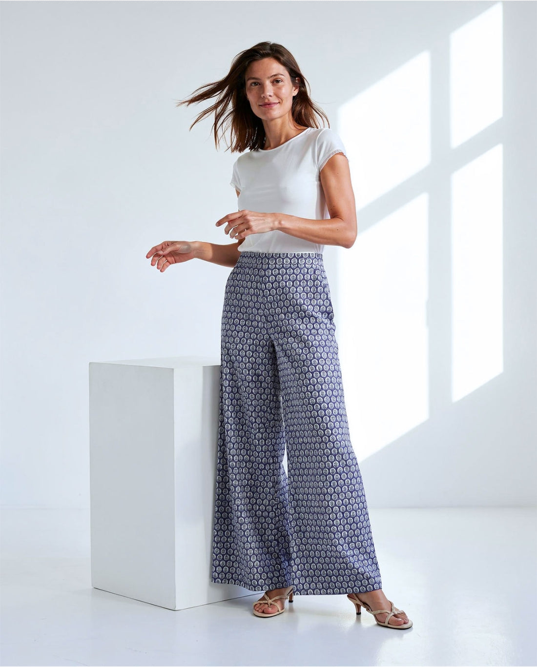Tile Print Wide Leg Trousers, Blue