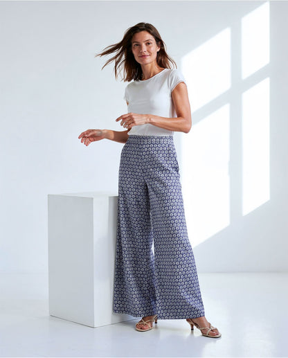 Tile Print Wide Leg Trousers, Blue