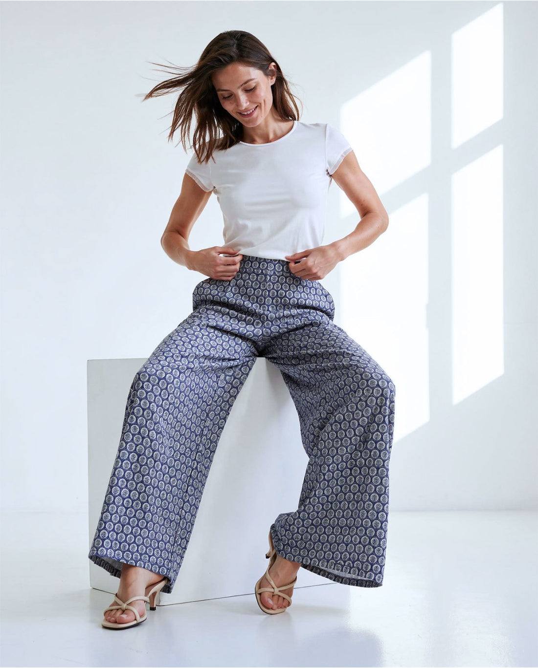 Tile Print Wide Leg Trousers, Blue