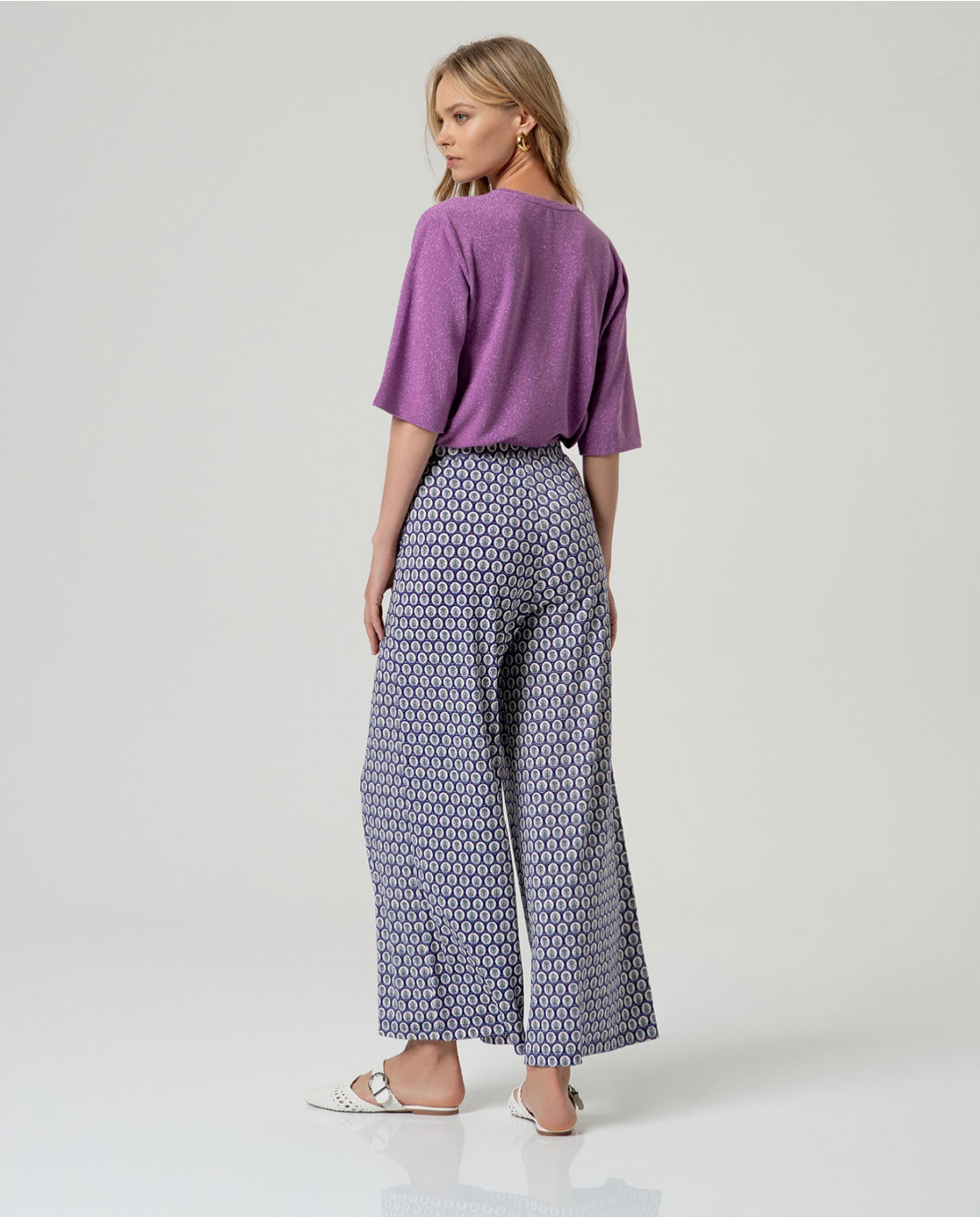 Tile Print Wide Leg Trousers, Blue