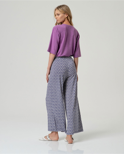 Tile Print Wide Leg Trousers, Blue