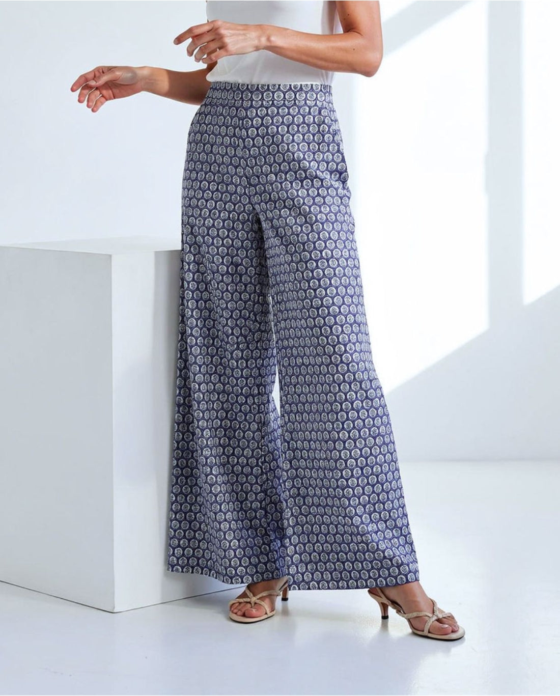 Tile Print Wide Leg Trousers, Blue