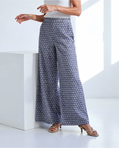 Tile Print Wide Leg Trousers, Blue