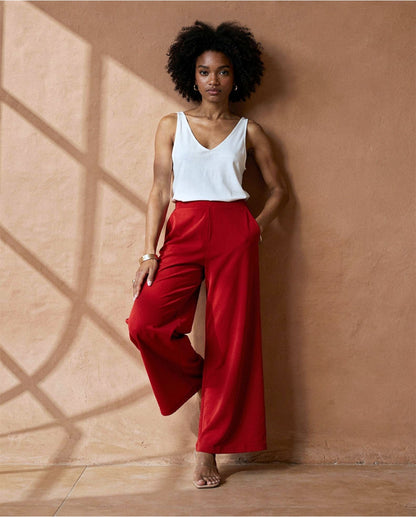 Wide Leg Stretch Trousers, Red
