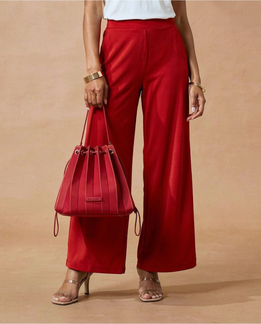 Wide Leg Stretch Trousers, Red