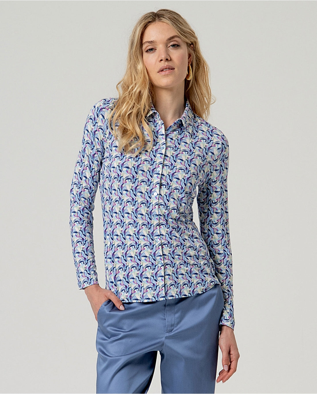 Printed Long Sleeve Shirt, Blue