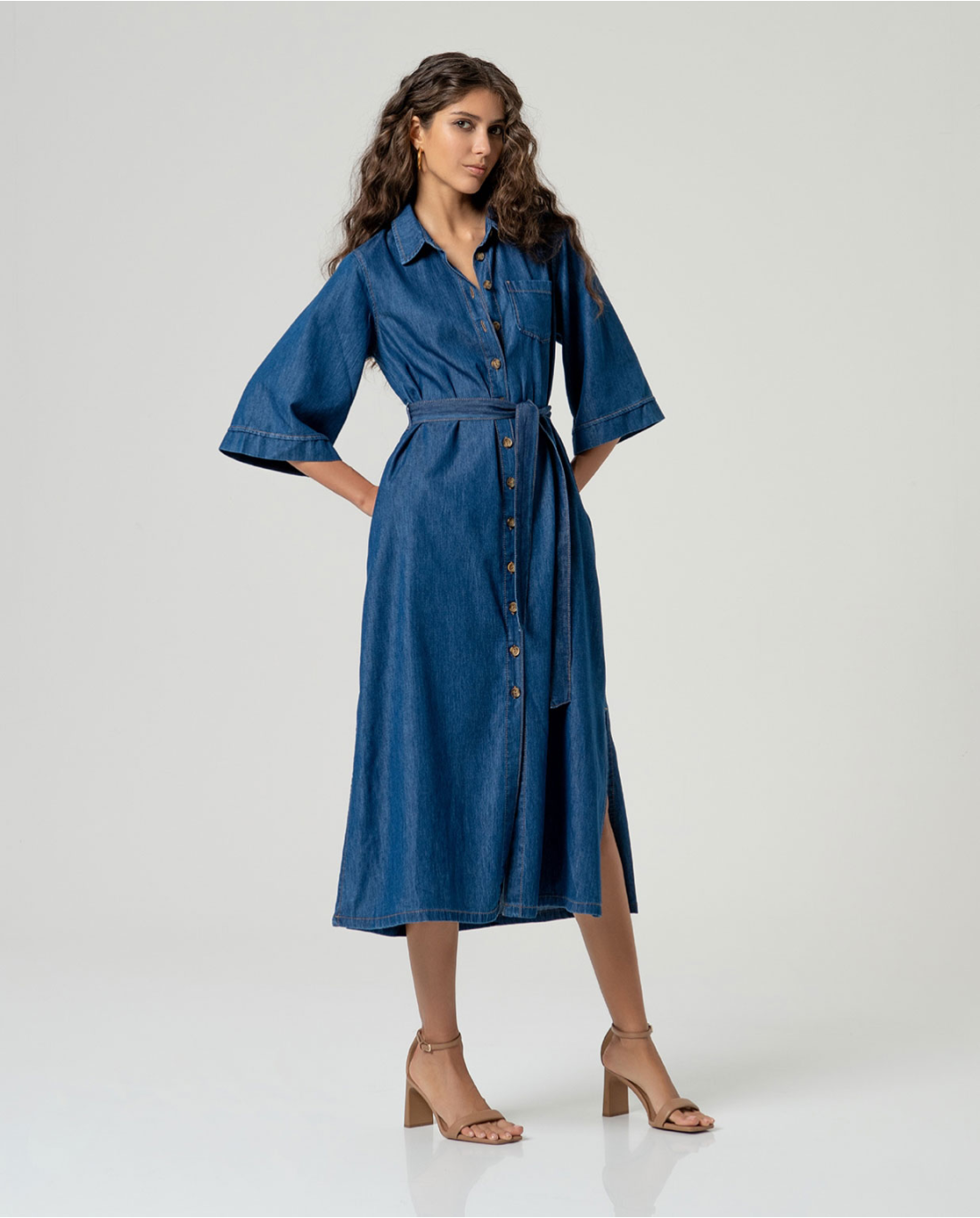 Denim Midi Shirt Dress with Belt