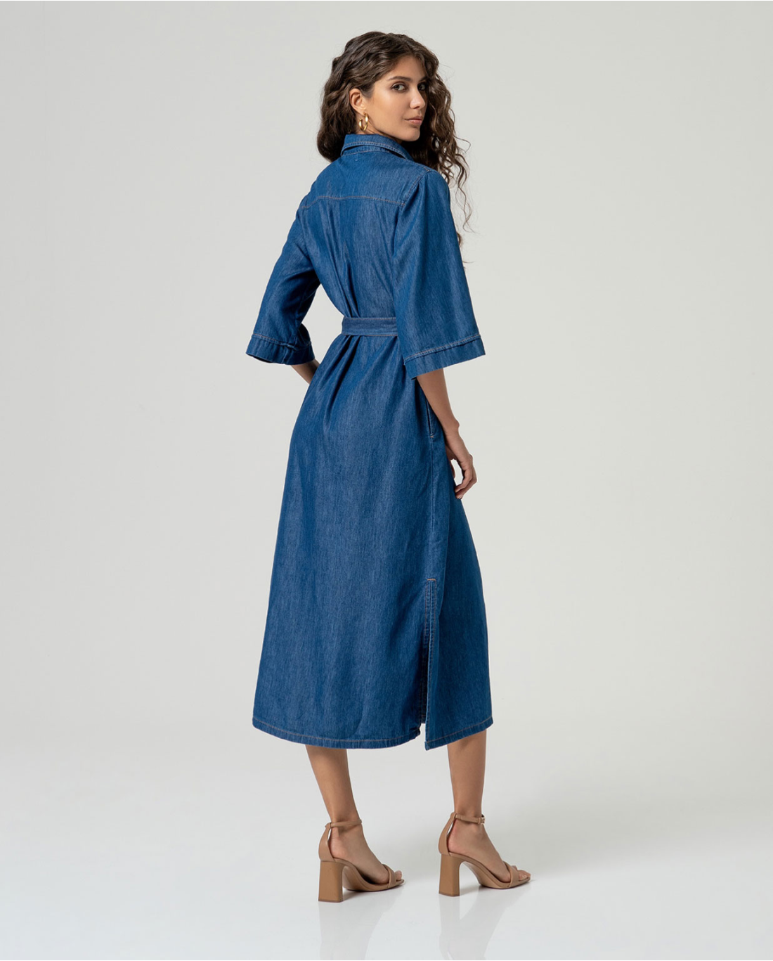 Denim Midi Shirt Dress with Belt