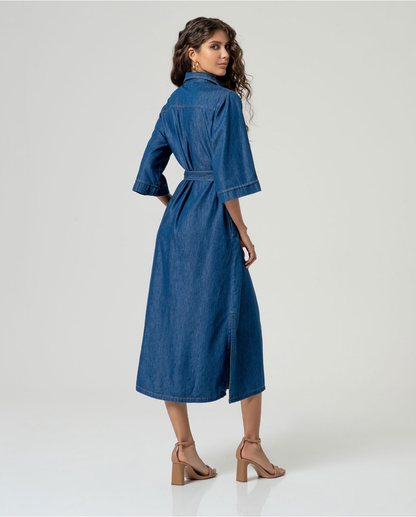 Denim Midi Shirt Dress with Belt