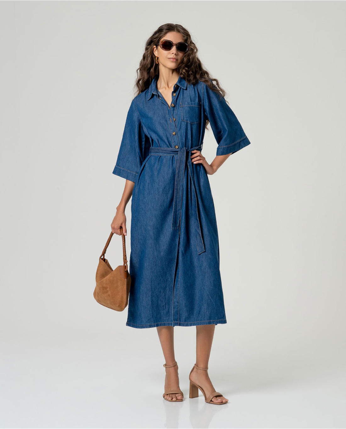 Denim Midi Shirt Dress with Belt