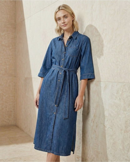 Denim Midi Shirt Dress with Belt