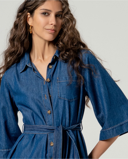 Denim Midi Shirt Dress with Belt