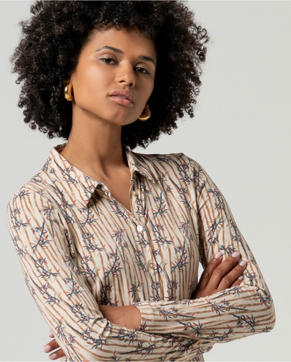 Floral Printed Long Sleeve Shirt, Beige