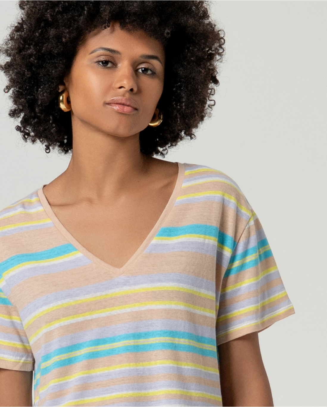Striped V-Neck T-Shirt, Beige