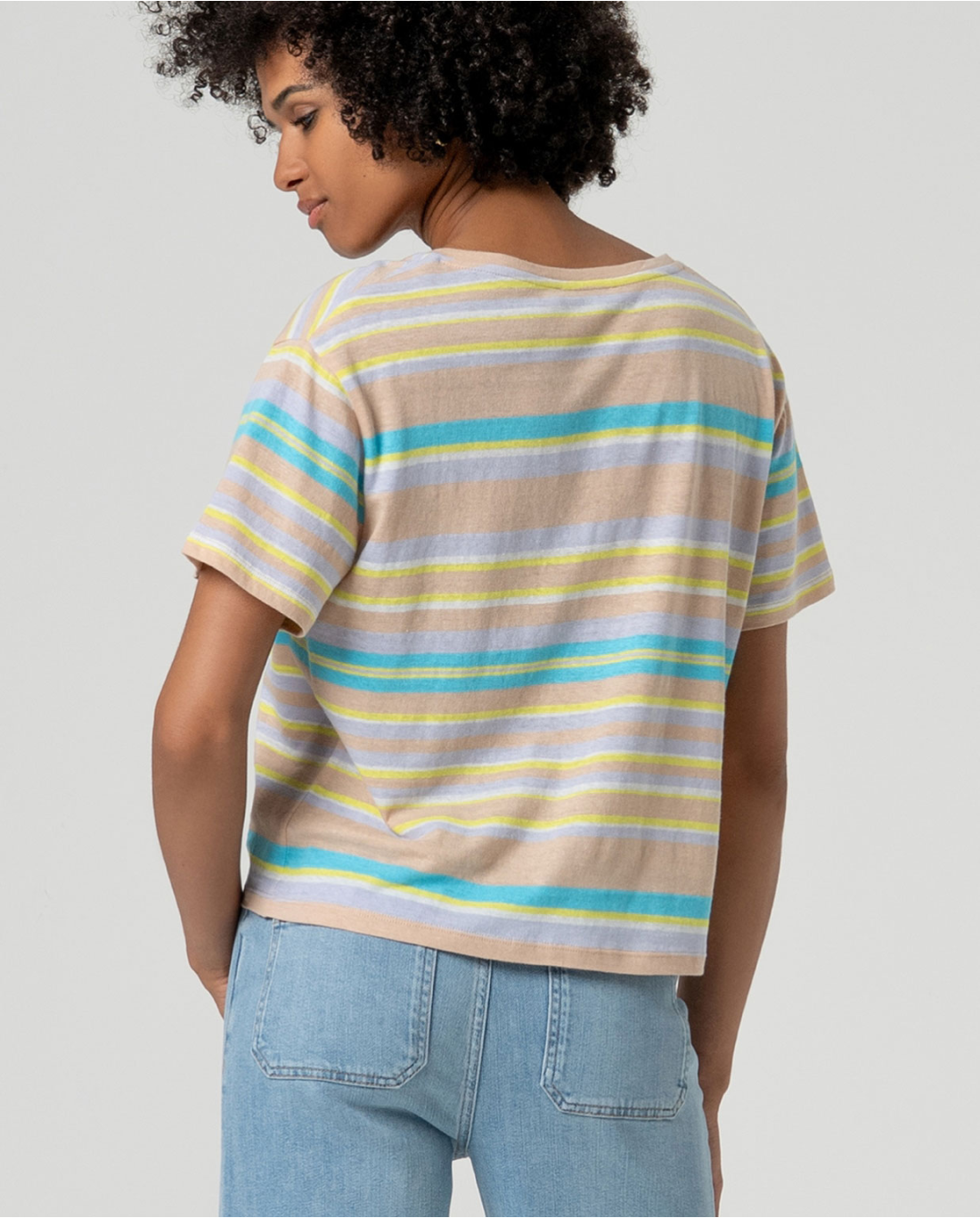 Striped V-Neck T-Shirt, Beige