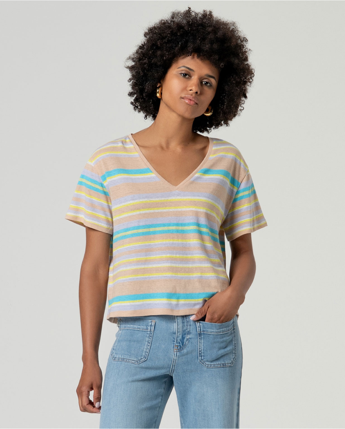 Striped V-Neck T-Shirt, Beige