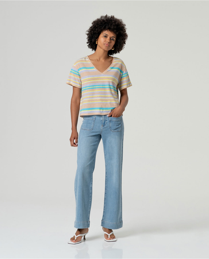 Striped V-Neck T-Shirt, Beige