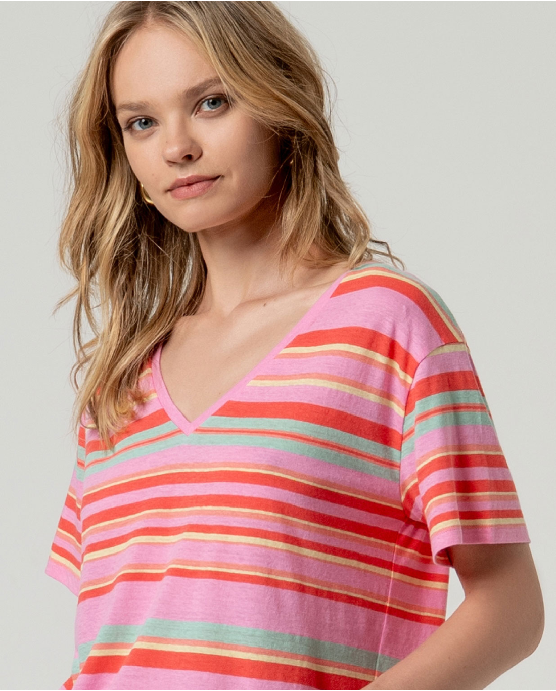 Striped V-Neck T-Shirt, Pink