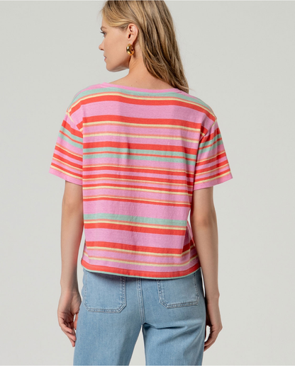 Striped V-Neck T-Shirt, Pink