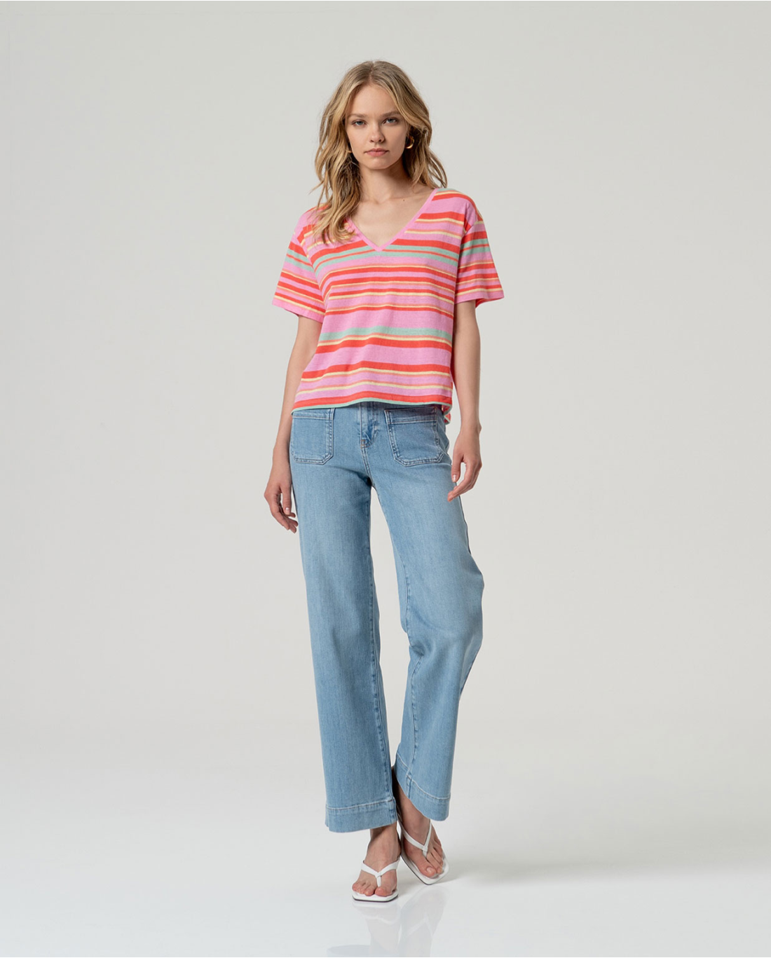Striped V-Neck T-Shirt, Pink