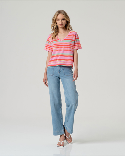 Striped V-Neck T-Shirt, Pink